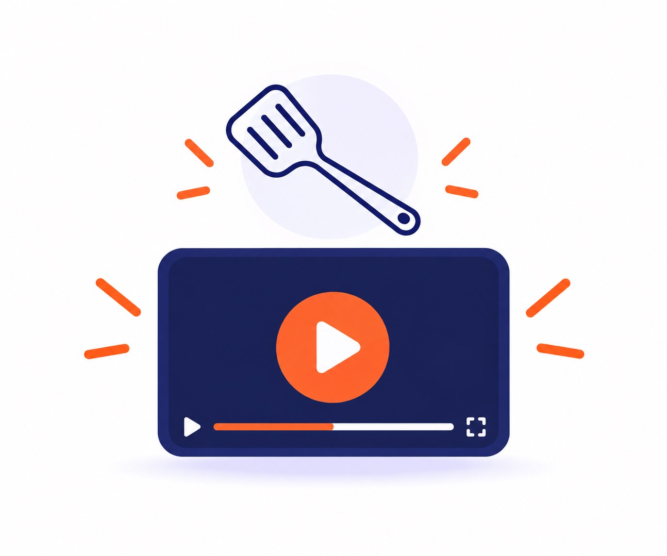 A kitchen utensil sits above a video player with an orange play icon.
